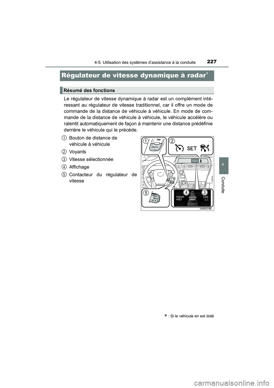 TOYOTA PRIUS V 2017  Manuel du propriétaire (in French) 227
PRIUS v_OM_OM47B23D_(D)
4-5. Utilisation des systèmes d’assistance à la conduite
4
Conduite
Régulateur de vitesse dynamique à radar∗
Le régulateur de vitesse dynamique à radar est un com