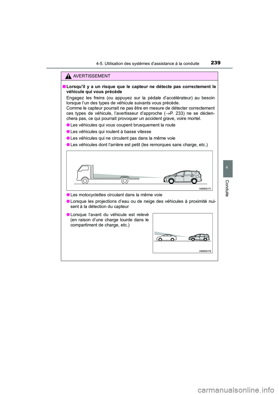 TOYOTA PRIUS V 2017 Manuel du propriétaire (in French) PRIUS v_OM_OM47B23D_(D)
2394-5. Utilisation des systèmes d’assistance à la conduite
4
Conduite
AVERTISSEMENT
■ Lorsqu’il y a un risque que le cap teur ne détecte pas correctement le
véhicule TOYOTA PRIUS V 2017 Manuel du propriétaire (in French) PRIUS v_OM_OM47B23D_(D)
2394-5. Utilisation des systèmes d’assistance à la conduite
4
Conduite
AVERTISSEMENT
■ Lorsqu’il y a un risque que le cap teur ne détecte pas correctement le
véhicule