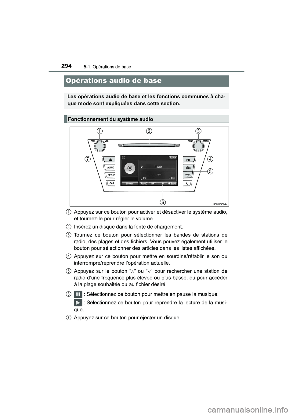 TOYOTA PRIUS V 2017  Manuel du propriétaire (in French) 294
PRIUS v_OM_OM47B23D_(D)
5-1. Opérations de base
Opérations audio de base
Appuyez sur ce bouton pour activer et désactiver le système audio,
et tournez-le pour régler le volume.
Insérez un di