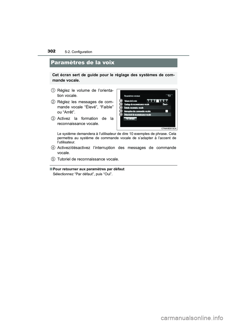 TOYOTA PRIUS V 2017 Manuel du propriétaire (in French) 302
PRIUS v_OM_OM47B23D_(D)
5-2. Configuration
Paramètres de la voix
Réglez le volume de l’orienta-
tion vocale.
Réglez les messages de com-
mande vocale “Élevé”, “Faible”
ou “Arrêt TOYOTA PRIUS V 2017 Manuel du propriétaire (in French) 302
PRIUS v_OM_OM47B23D_(D)
5-2. Configuration
Paramètres de la voix
Réglez le volume de l’orienta-
tion vocale.
Réglez les messages de com-
mande vocale “Élevé”, “Faible”
ou “Arrêt