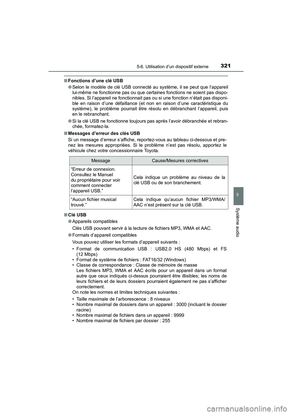 TOYOTA PRIUS V 2017  Manuel du propriétaire (in French) PRIUS v_OM_OM47B23D_(D)
3215-6. Utilisation d’un dispositif externe
5
Système audio
■Fonctions d’une clé USB
●Selon le modèle de clé USB connecté au système, il se peut que l’appareil
