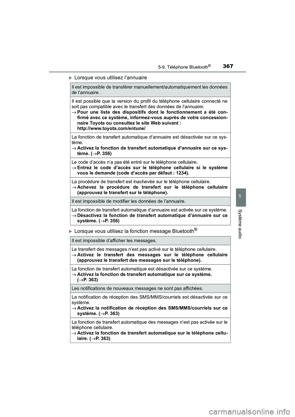 TOYOTA PRIUS V 2017  Manuel du propriétaire (in French) PRIUS v_OM_OM47B23D_(D)
3675-9. Téléphone Bluetooth®
5
Système audio
�XLorsque vous utilisez l’annuaire
�XLorsque vous utilisez la fonction message Bluetooth®
Il est impossible de transférer m