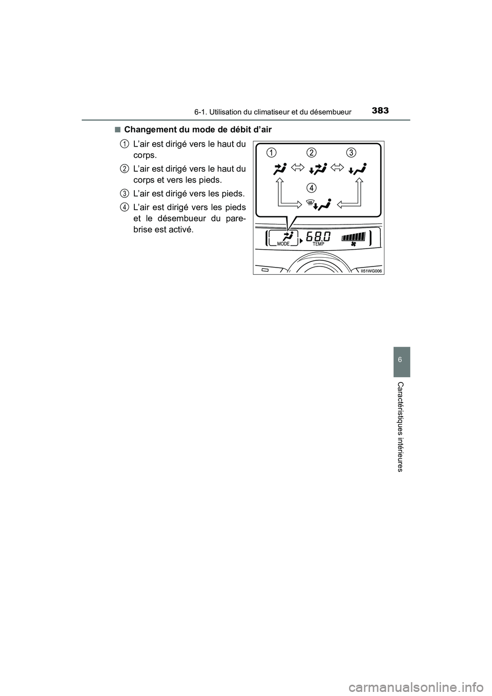 TOYOTA PRIUS V 2017  Manuel du propriétaire (in French) PRIUS v_OM_OM47B23D_(D)
3836-1. Utilisation du climatiseur et du désembueur
6
Caractéristiques intérieures
■Changement du mode de débit d’airL’air est dirigé vers le haut du
corps.
L’air 