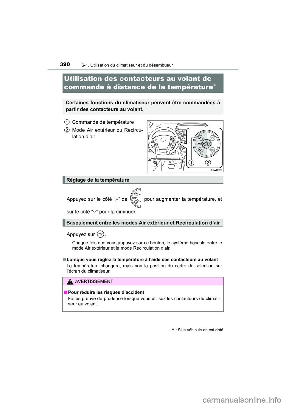 TOYOTA PRIUS V 2017  Manuel du propriétaire (in French) 390
PRIUS v_OM_OM47B23D_(D)
6-1. Utilisation du climatiseur et du désembueur
Utilisation des contacteurs au volant de 
commande à distance de la température
∗
Commande de température
Mode Air ex