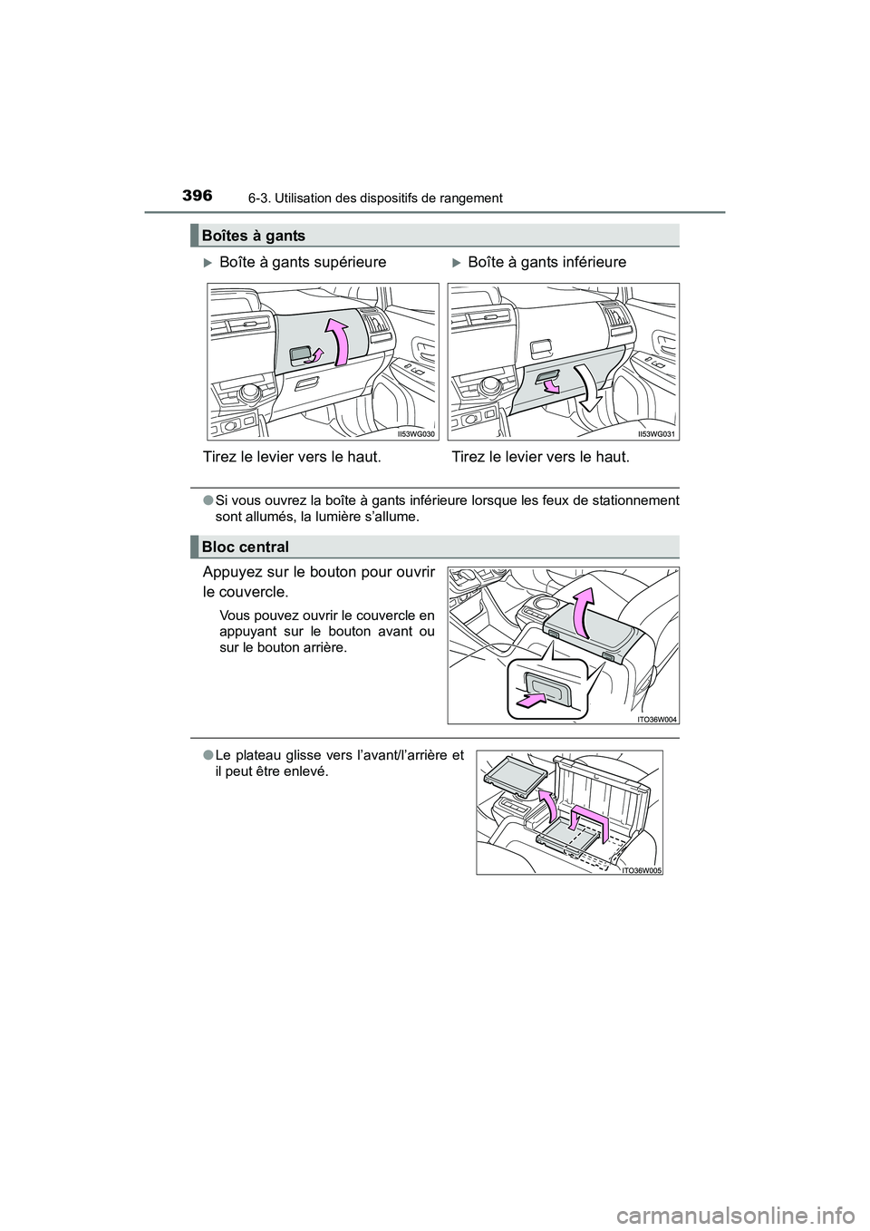 TOYOTA PRIUS V 2017  Manuel du propriétaire (in French) 396
PRIUS v_OM_OM47B23D_(D)
6-3. Utilisation des dispositifs de rangement
●Si vous ouvrez la boîte à gants inférieure lorsque les feux de stationnement
sont allumés, la lumière s’allume.
Appu