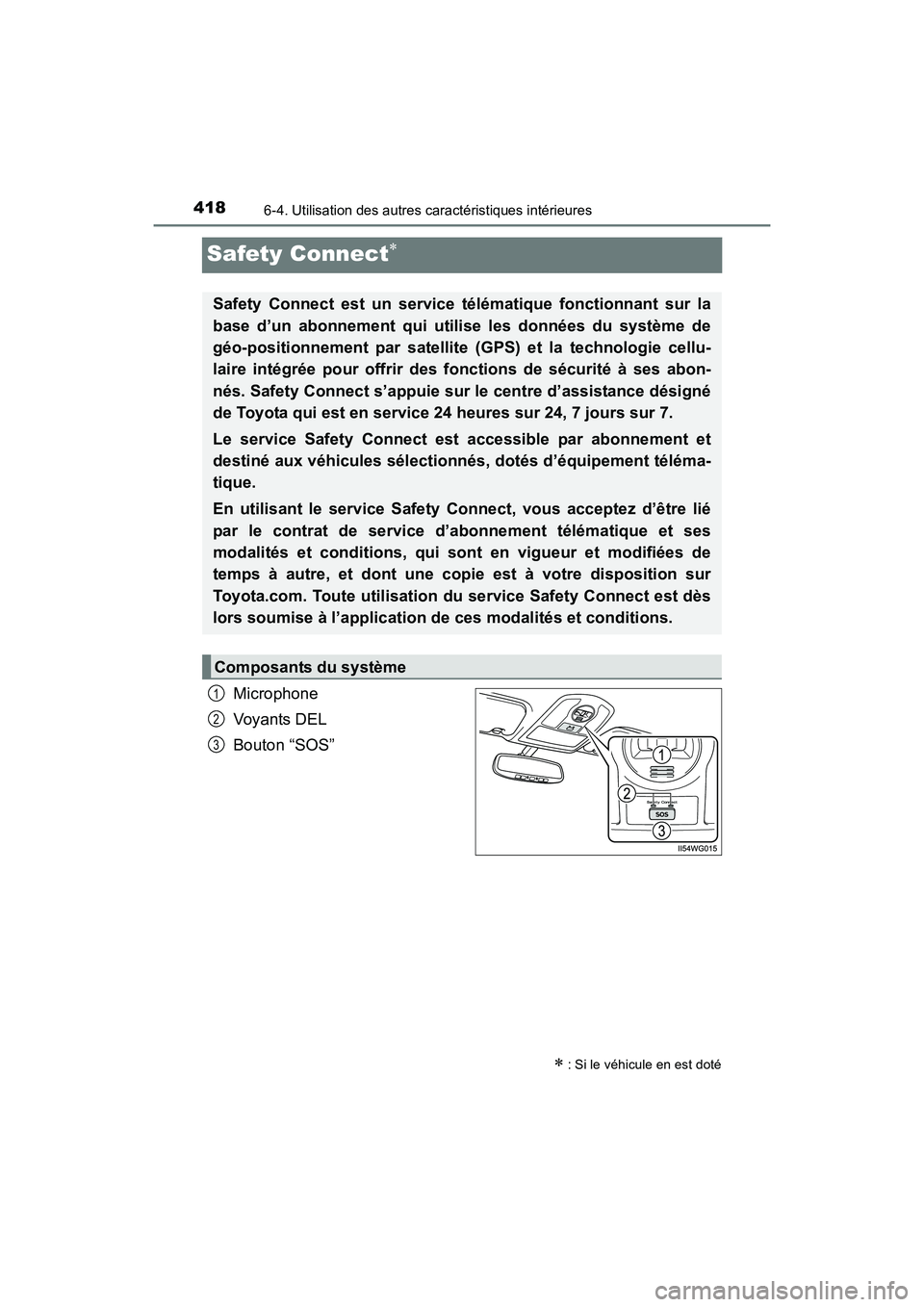 TOYOTA PRIUS V 2017  Manuel du propriétaire (in French) 418
PRIUS v_OM_OM47B23D_(D)
6-4. Utilisation des autres caractéristiques intérieures
Safety Connect∗
Microphone
Voyants DEL
Bouton “SOS”
∗ : Si le véhicule en est doté
Safety Connect est u