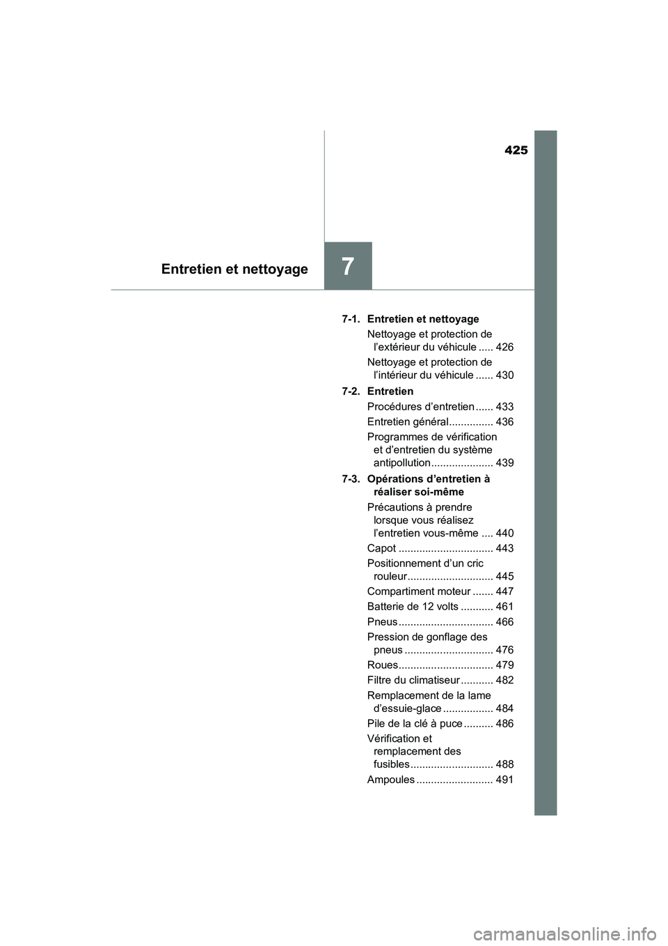 TOYOTA PRIUS V 2017  Manuel du propriétaire (in French) 425
PRIUS v_OM_OM47B23D_(D)
7Entretien et nettoyage
7-1. Entretien et nettoyageNettoyage et protection de l’extérieur du véhicule ..... 426
Nettoyage et protection de  l’intérieur du véhicule 