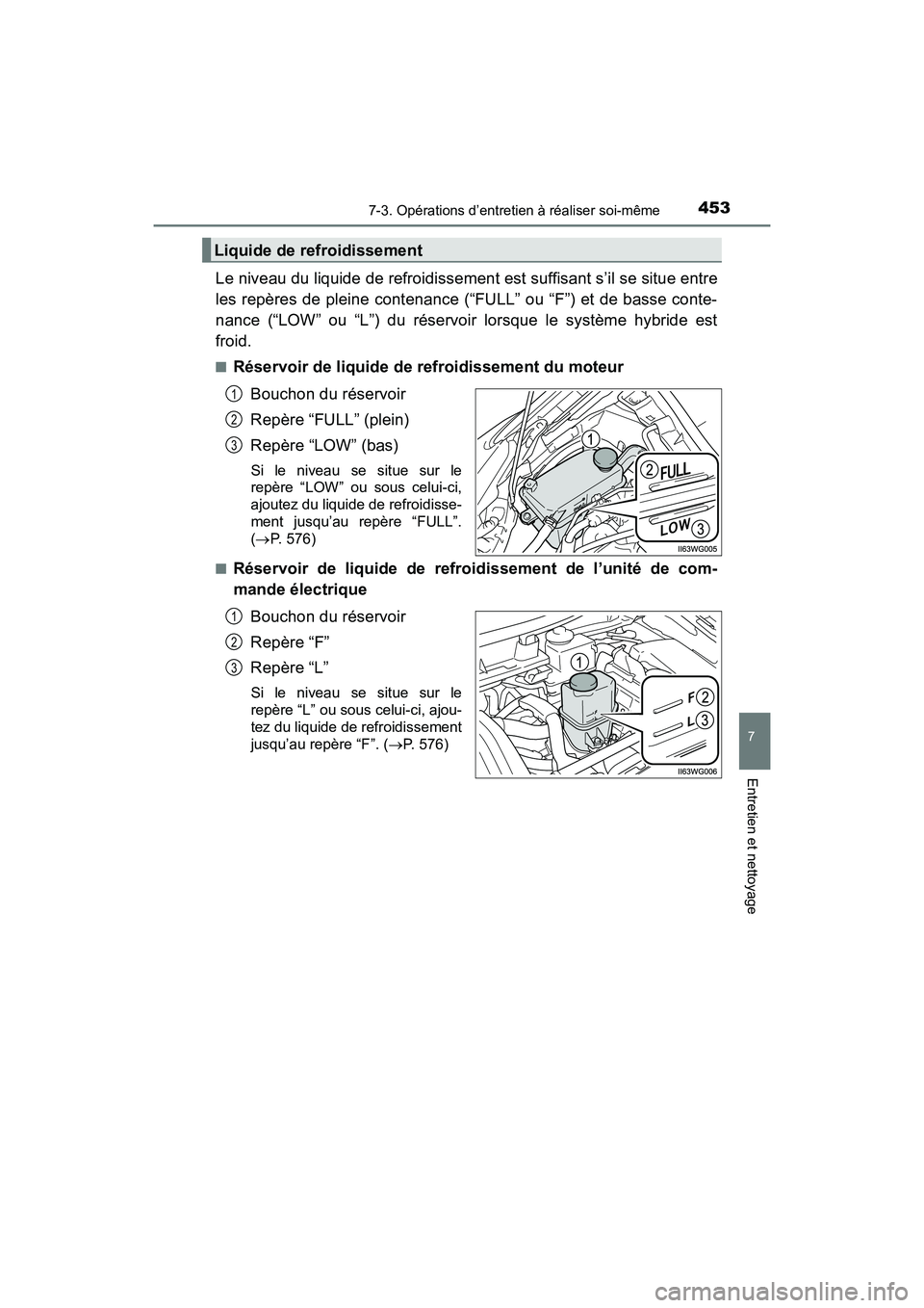 TOYOTA PRIUS V 2017 Manuel du propriétaire (in French) PRIUS v_OM_OM47B23D_(D)
4537-3. Opérations d’entretien à réaliser soi-même
7
Entretien et nettoyage
Le niveau du liquide de refroidissement est suffisant s’il se situe entre
les repères de pl TOYOTA PRIUS V 2017 Manuel du propriétaire (in French) PRIUS v_OM_OM47B23D_(D)
4537-3. Opérations d’entretien à réaliser soi-même
7
Entretien et nettoyage
Le niveau du liquide de refroidissement est suffisant s’il se situe entre
les repères de pl
