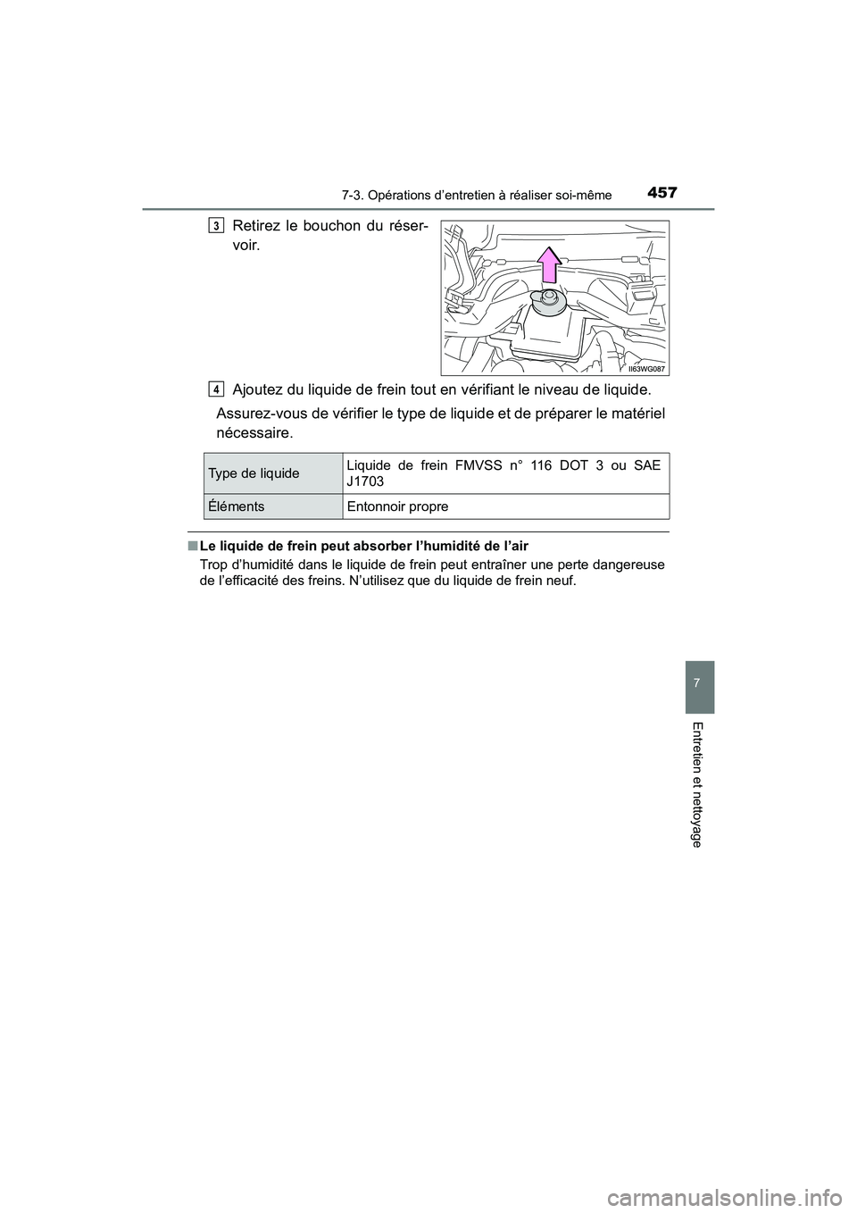 TOYOTA PRIUS V 2017 Manuel du propriétaire (in French) PRIUS v_OM_OM47B23D_(D)
4577-3. Opérations d’entretien à réaliser soi-même
7
Entretien et nettoyage
Retirez le bouchon du réser-
voir.
Ajoutez du liquide de frein tout en vérifiant le niveau d TOYOTA PRIUS V 2017 Manuel du propriétaire (in French) PRIUS v_OM_OM47B23D_(D)
4577-3. Opérations d’entretien à réaliser soi-même
7
Entretien et nettoyage
Retirez le bouchon du réser-
voir.
Ajoutez du liquide de frein tout en vérifiant le niveau d
