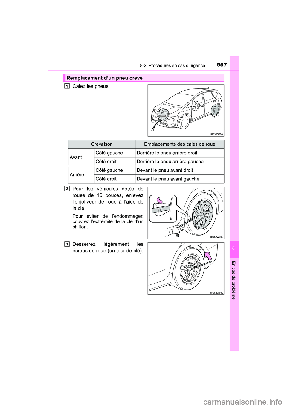 TOYOTA PRIUS V 2017 Manuel du propriétaire (in French) 5578-2. Procédures en cas d’urgence
PRIUS v_OM_OM47B23D_(D)
8
En cas de problème
Calez les pneus.
Pour les véhicules dotés de
roues de 16 pouces, enlevez
l’enjoliveur de roue à l’aide de
la TOYOTA PRIUS V 2017 Manuel du propriétaire (in French) 5578-2. Procédures en cas d’urgence
PRIUS v_OM_OM47B23D_(D)
8
En cas de problème
Calez les pneus.
Pour les véhicules dotés de
roues de 16 pouces, enlevez
l’enjoliveur de roue à l’aide de
la