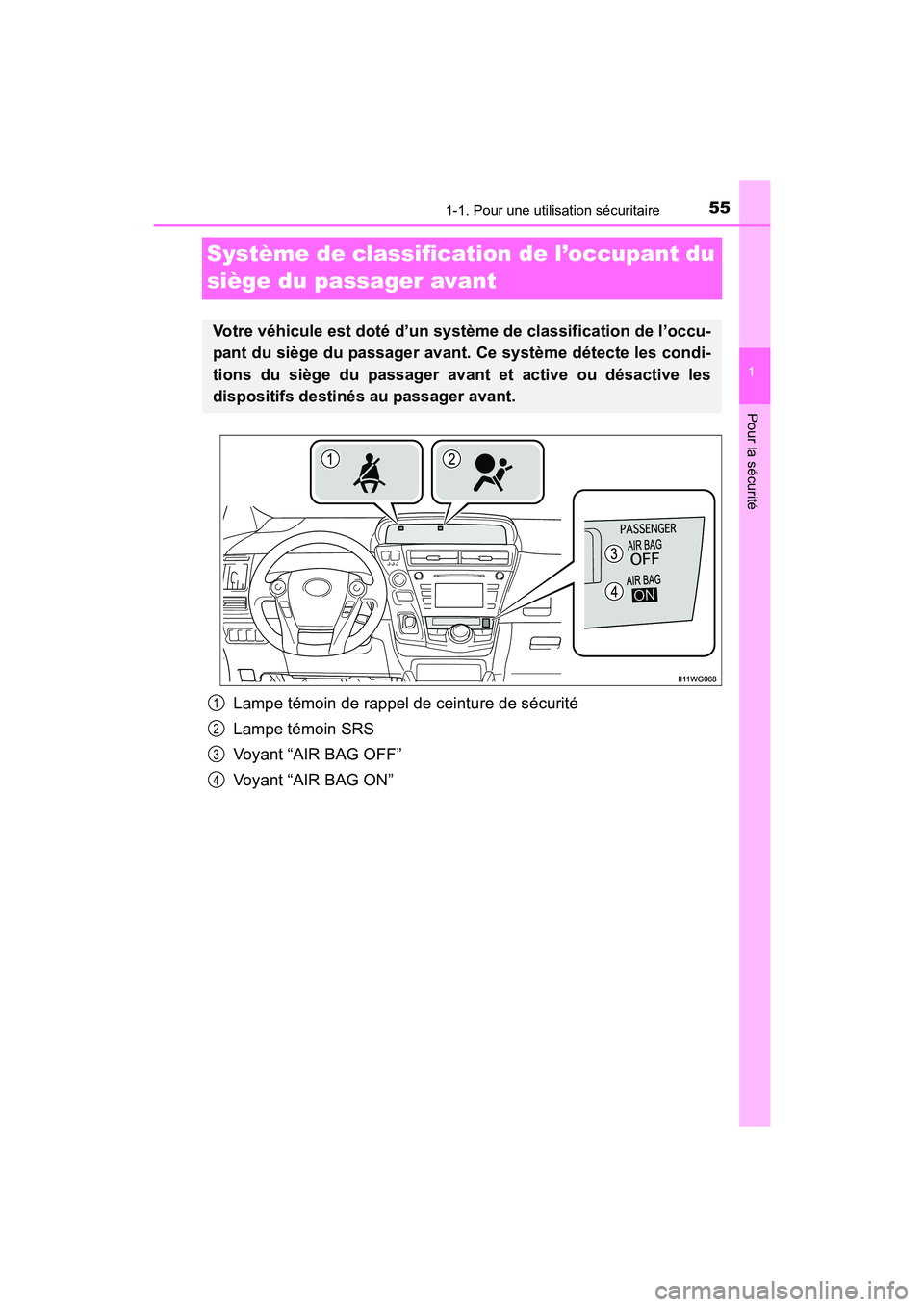 TOYOTA PRIUS V 2017 Manuel du propriétaire (in French) 551-1. Pour une utilisation sécuritaire
PRIUS v_OM_OM47B23D_(D)
1
Pour la sécurité
Système de classification de l’occupant du
siège du passager avant
Lampe témoin de rappel de ceinture de sé TOYOTA PRIUS V 2017 Manuel du propriétaire (in French) 551-1. Pour une utilisation sécuritaire
PRIUS v_OM_OM47B23D_(D)
1
Pour la sécurité
Système de classification de l’occupant du
siège du passager avant
Lampe témoin de rappel de ceinture de sé