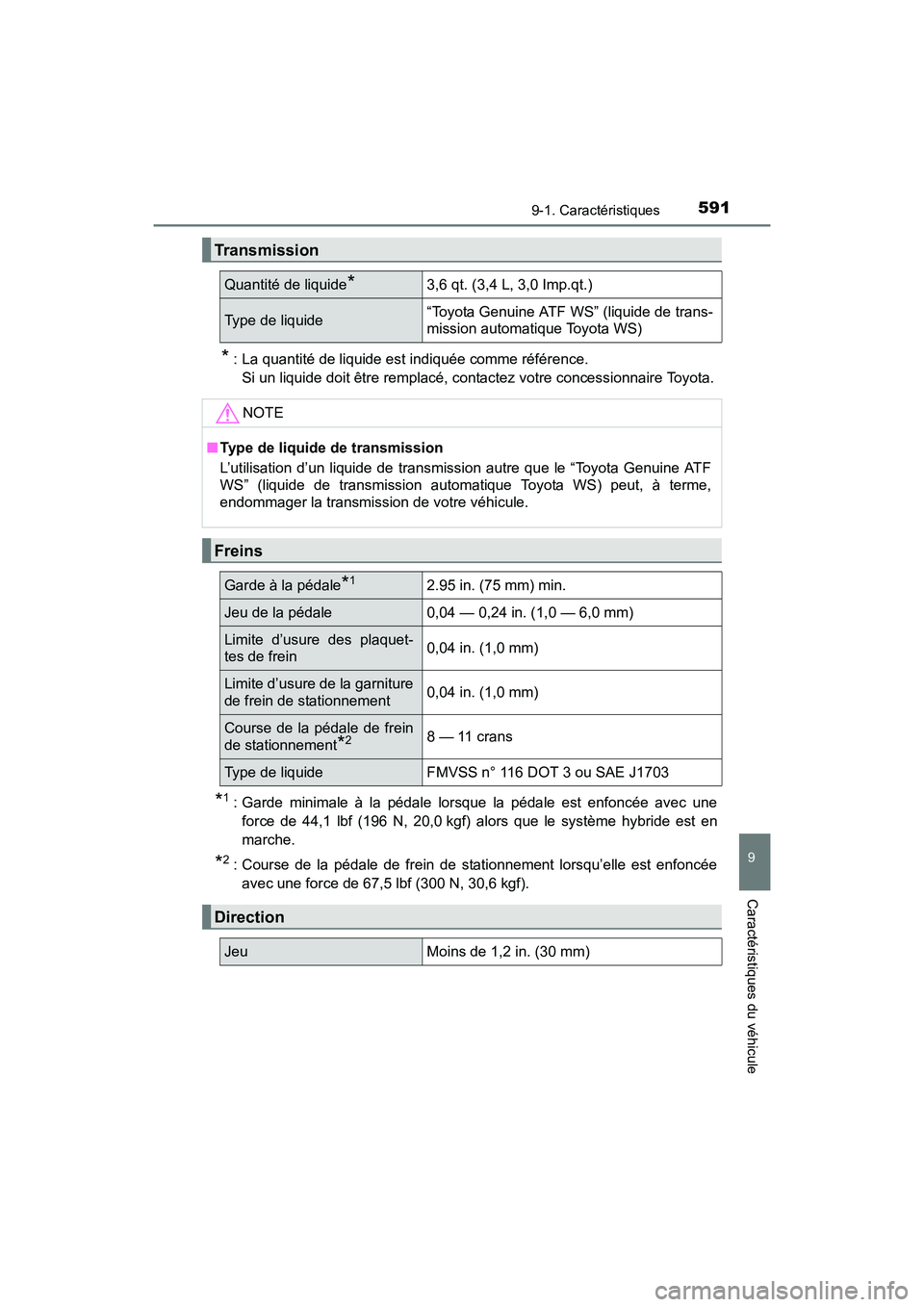 TOYOTA PRIUS V 2017  Manuel du propriétaire (in French) PRIUS v_OM_OM47B23D_(D)
5919-1. Caractéristiques
9
Caractéristiques du véhicule
* : La quantité de liquide est indiquée comme référence. Si un liquide doit être remplacé, contactez votre conc
