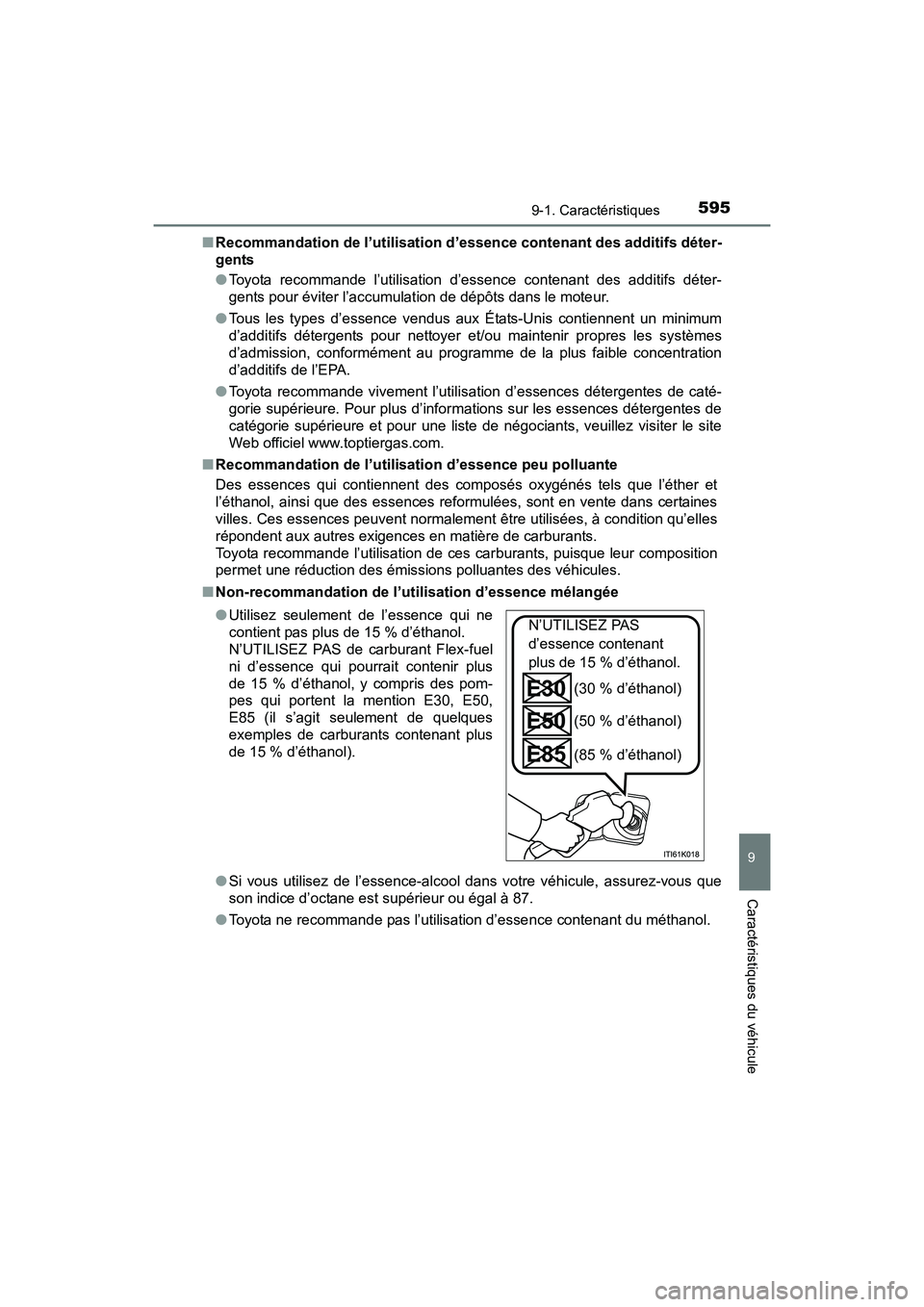 TOYOTA PRIUS V 2017  Manuel du propriétaire (in French) PRIUS v_OM_OM47B23D_(D)
5959-1. Caractéristiques
9
Caractéristiques du véhicule
■Recommandation de l’utilisation d’essence contenant des additifs déter-
gents
●Toyota recommande l’utilis