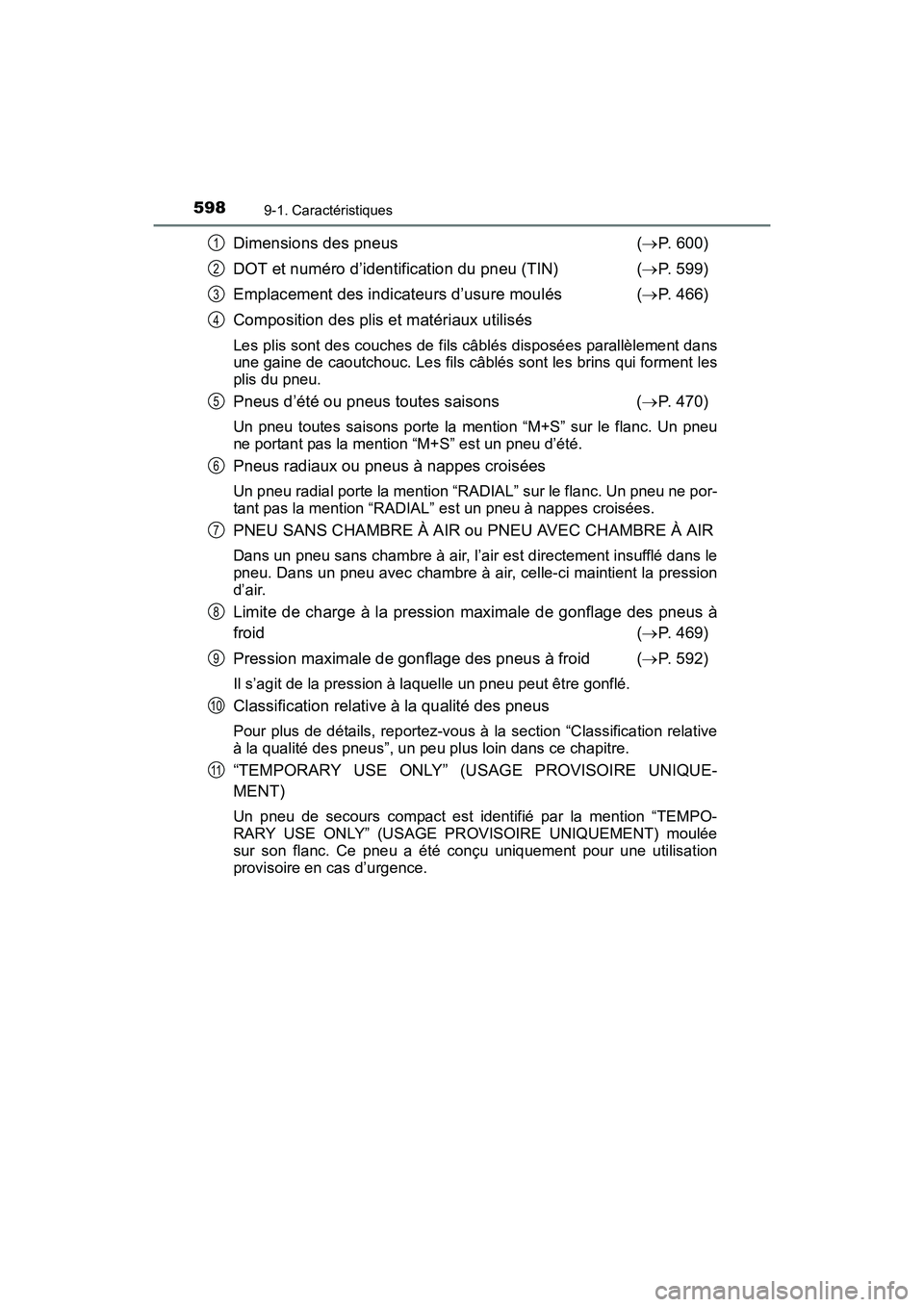 TOYOTA PRIUS V 2017  Manuel du propriétaire (in French) 598
PRIUS v_OM_OM47B23D_(D)
9-1. Caractéristiques
Dimensions des pneus(→ P. 600)
DOT et numéro d’identification du pneu (TIN) ( →P. 599)
Emplacement des indicateurs d’usure moulés  ( →P. 