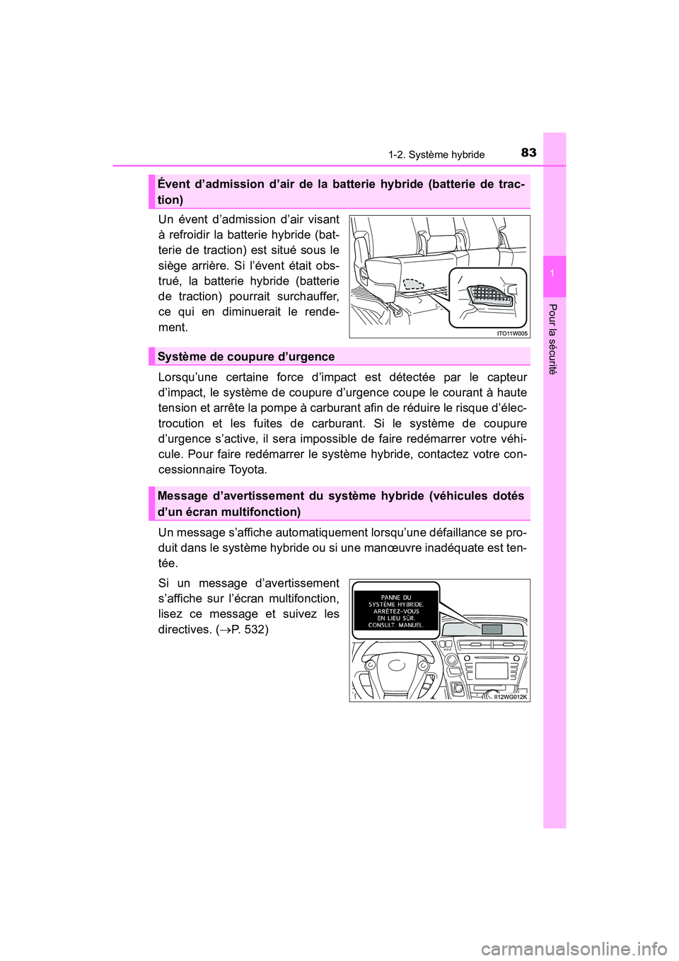 TOYOTA PRIUS V 2017 Manuel du propriétaire (in French) 831-2. Système hybride
PRIUS v_OM_OM47B23D_(D)
1
Pour la sécurité
Un évent d’admission d’air visant
à refroidir la batterie hybride (bat-
terie de traction) est situé sous le
siège arrière TOYOTA PRIUS V 2017 Manuel du propriétaire (in French) 831-2. Système hybride
PRIUS v_OM_OM47B23D_(D)
1
Pour la sécurité
Un évent d’admission d’air visant
à refroidir la batterie hybride (bat-
terie de traction) est situé sous le
siège arrière