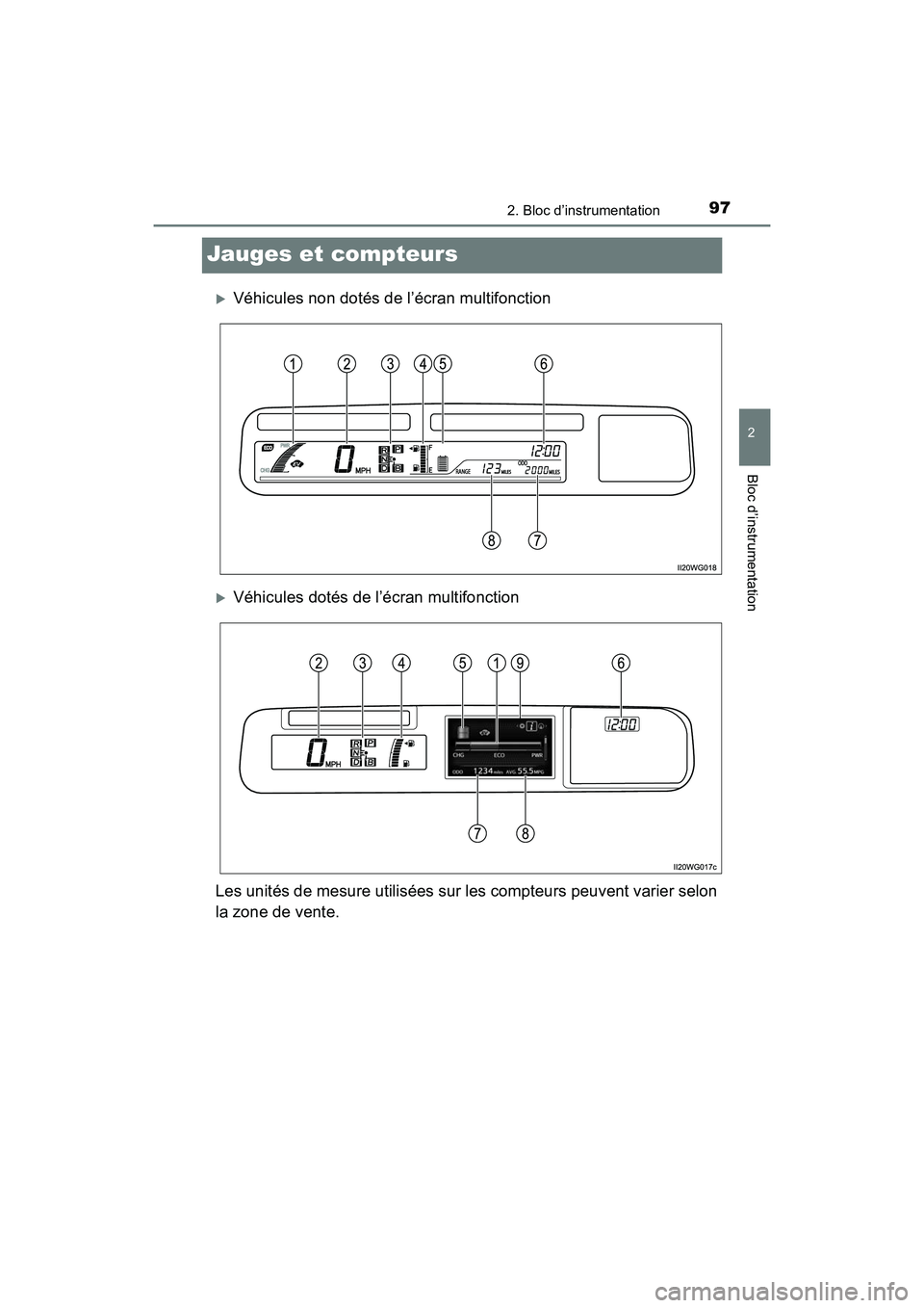 TOYOTA PRIUS V 2017  Manuel du propriétaire (in French) 97
PRIUS v_OM_OM47B23D_(D)
2. Bloc d’instrumentation
2
Bloc d’instrumentation
Jauges et compteurs
�XVéhicules non dotés de l’écran multifonction
�XVéhicules dotés de l’écran multifonctio