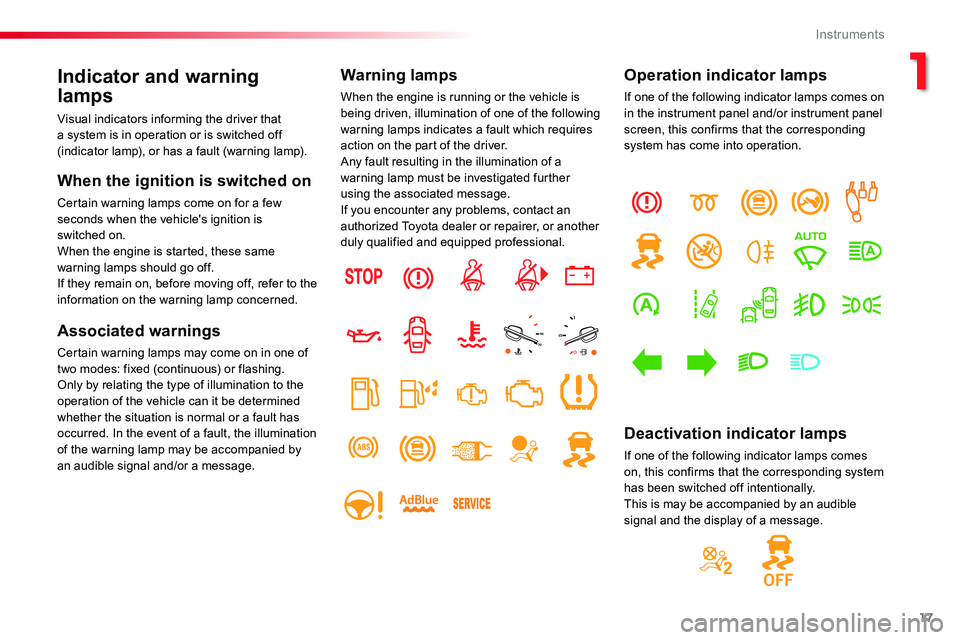 TOYOTA PROACE 2019  Owners Manual 17
Indicator and warning 
lamps
Visual indicators informing the driver that a system is in operation or is switched off (indicator lamp), or has a fault (warning lamp).
When the ignition is switched o