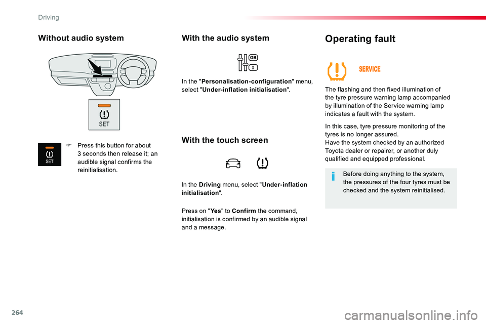 TOYOTA PROACE 2019 Owners Manual 264
In the Driving menu, select "Under-inflation initialisation".
With the audio system
In the "Personalisation-configuration" menu, select "Under-inflation initialisation".
Op TOYOTA PROACE 2019 Owners Manual 264
In the Driving menu, select "Under-inflation initialisation".
With the audio system
In the "Personalisation-configuration" menu, select "Under-inflation initialisation".
Op