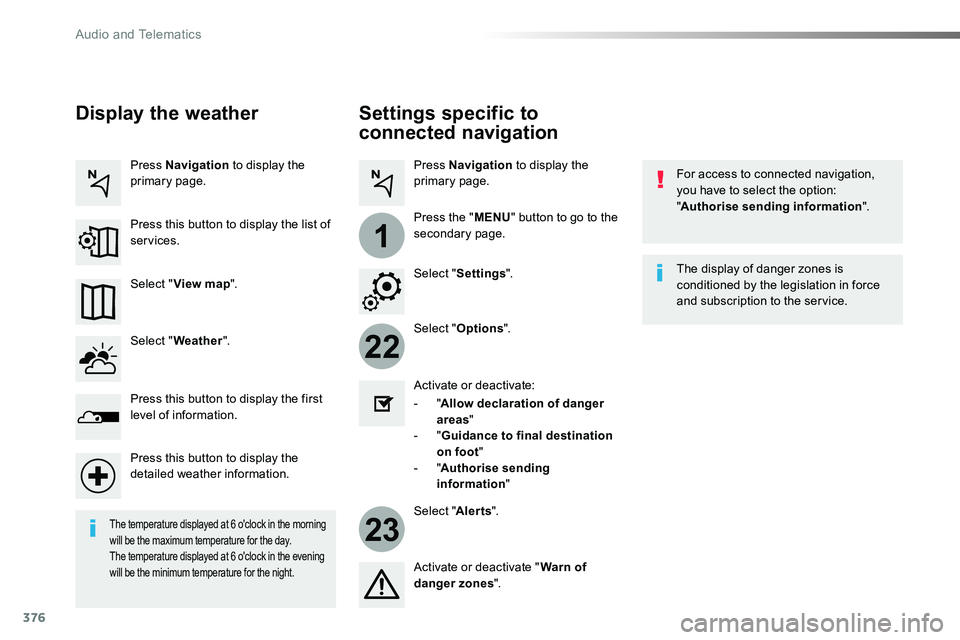 TOYOTA PROACE 2018  Owners Manual 376
22
23
1
Settings specific to 
connected navigation
For access to connected navigation, you have to select the option: "Authorise sending information".
Select "Options".
Select "