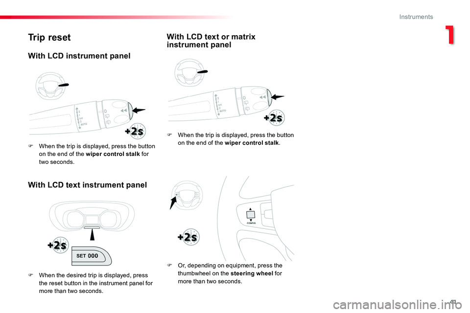 TOYOTA PROACE 2018 Service Manual 41
Trip reset
With LCD text instrument panel
F When the trip is displayed, press the button on the end of the wiper control stalk.
F Or, depending on equipment, press the thumbwheel on the steering wh TOYOTA PROACE 2018 Service Manual 41
Trip reset
With LCD text instrument panel
F When the trip is displayed, press the button on the end of the wiper control stalk.
F Or, depending on equipment, press the thumbwheel on the steering wh