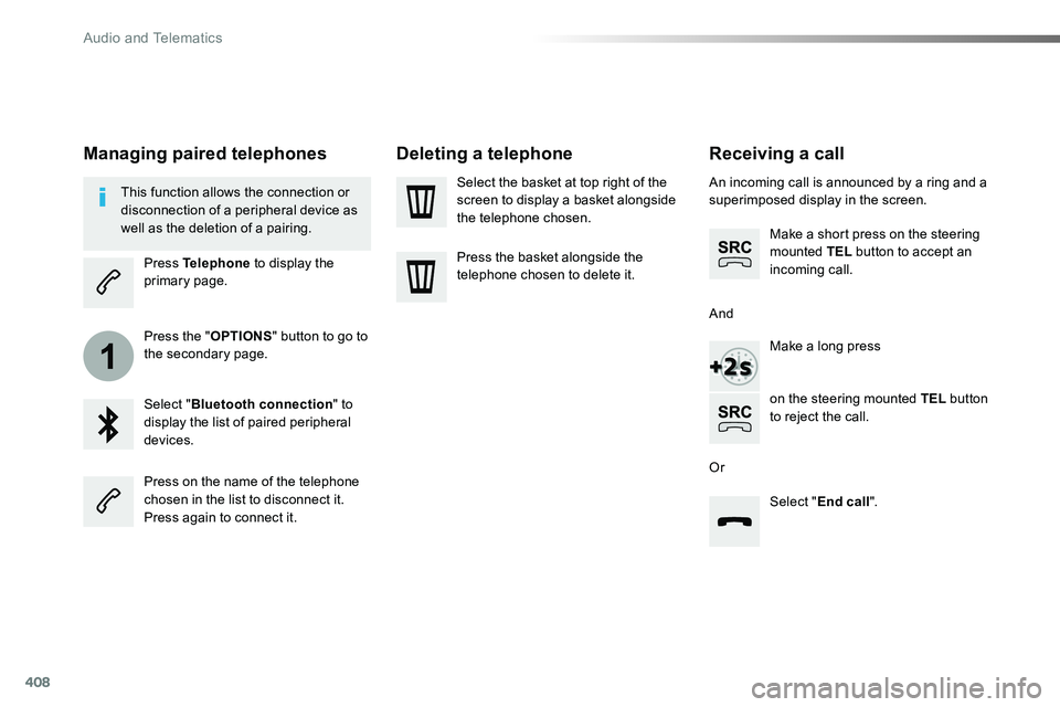TOYOTA PROACE 2019 Owners Manual 408
1
Receiving a call
An incoming call is announced by a ring and a superimposed display in the screen.
Make a short press on the steering mounted TEL button to accept an incoming call.
Make a long p TOYOTA PROACE 2019 Owners Manual 408
1
Receiving a call
An incoming call is announced by a ring and a superimposed display in the screen.
Make a short press on the steering mounted TEL button to accept an incoming call.
Make a long p