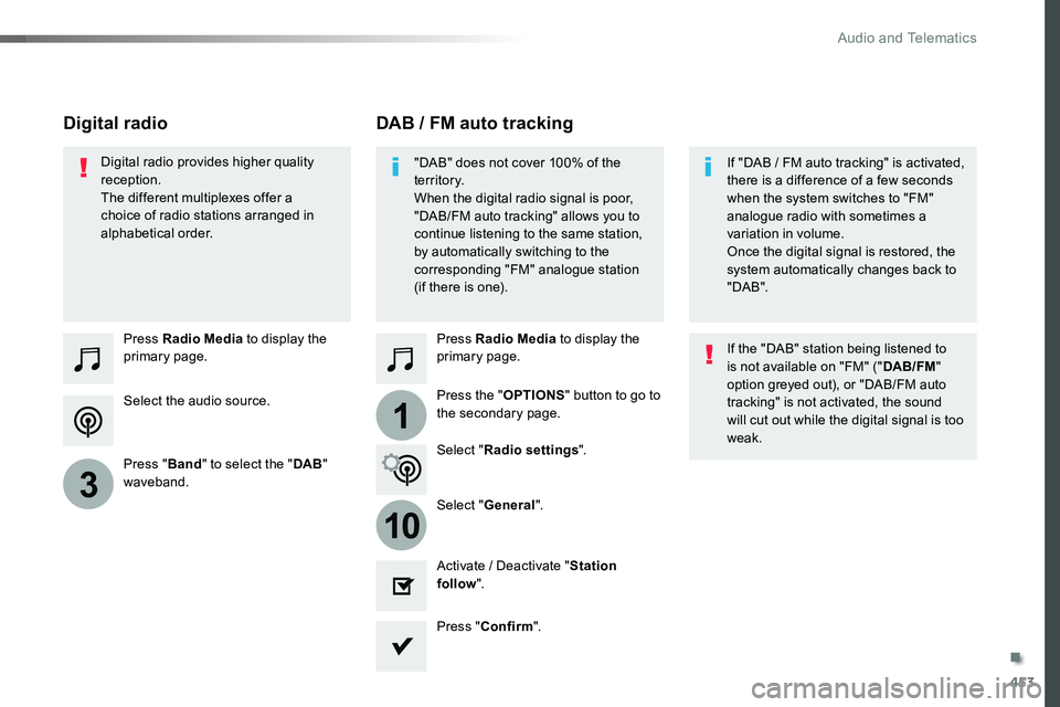 TOYOTA PROACE 2019 Owners Manual 453
1
10
3
Select the audio source.
Press Radio Media to display the primary page.
Press "Band" to select the "DAB" waveband.
Press Radio Media to display the primary page.
Press the & TOYOTA PROACE 2019 Owners Manual 453
1
10
3
Select the audio source.
Press Radio Media to display the primary page.
Press "Band" to select the "DAB" waveband.
Press Radio Media to display the primary page.
Press the &