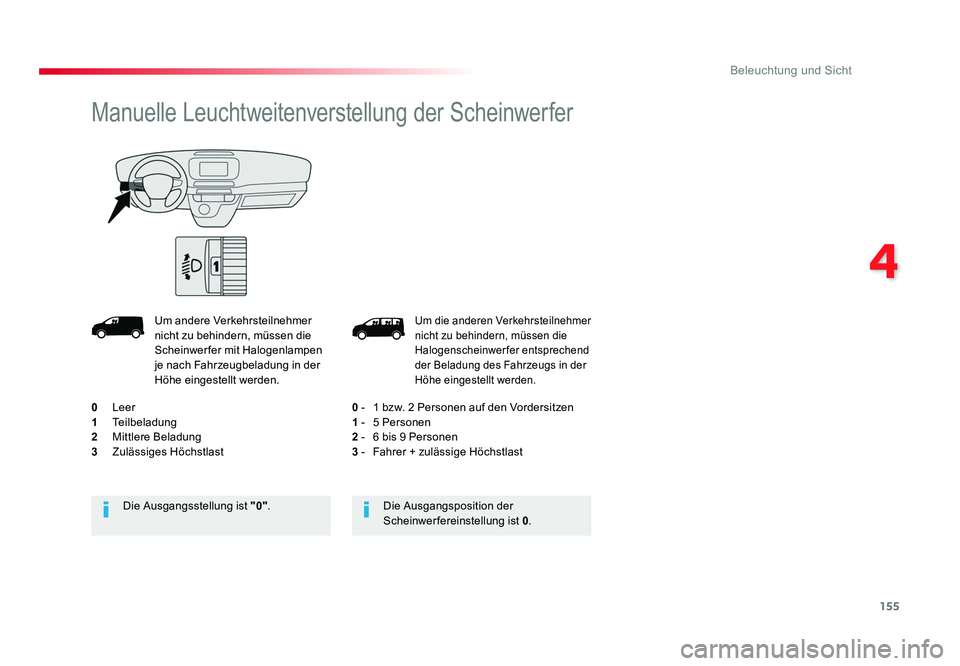 TOYOTA PROACE 2016 Betriebsanleitungen (in German) 155
4
Beleuchtung und Sicht
Jumpy _de_Chap04_eclairage-et-visibilite_ed01-2016
Um die anderen Verkehrsteilnehmer
nicht zu behindern, müssen die
Halogenscheinwerfer entsprechend
der Beladung des Fa TOYOTA PROACE 2016 Betriebsanleitungen (in German) 155
4
Beleuchtung und Sicht
Jumpy _de_Chap04_eclairage-et-visibilite_ed01-2016
Um die anderen Verkehrsteilnehmer
nicht zu behindern, müssen die
Halogenscheinwerfer entsprechend
der Beladung des Fa