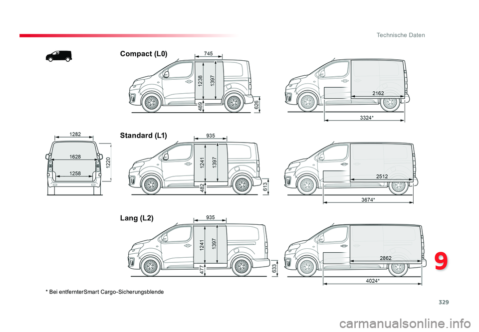 TOYOTA PROACE 2016 Betriebsanleitungen (in German) 329
9
Technische Daten
Jumpy _de_Chap09_caracteristiques-techniques_ed01-2016
* Bei entfernterSmart Cargo-Sicherungsblende
Compact (L0)
Standard (L1)
Lang (L2)
Proace_de.indb 32922/07/2016 14:45 TOYOTA PROACE 2016 Betriebsanleitungen (in German) 329
9
Technische Daten
Jumpy _de_Chap09_caracteristiques-techniques_ed01-2016
* Bei entfernterSmart Cargo-Sicherungsblende
Compact (L0)
Standard (L1)
Lang (L2)
Proace_de.indb 32922/07/2016 14:45