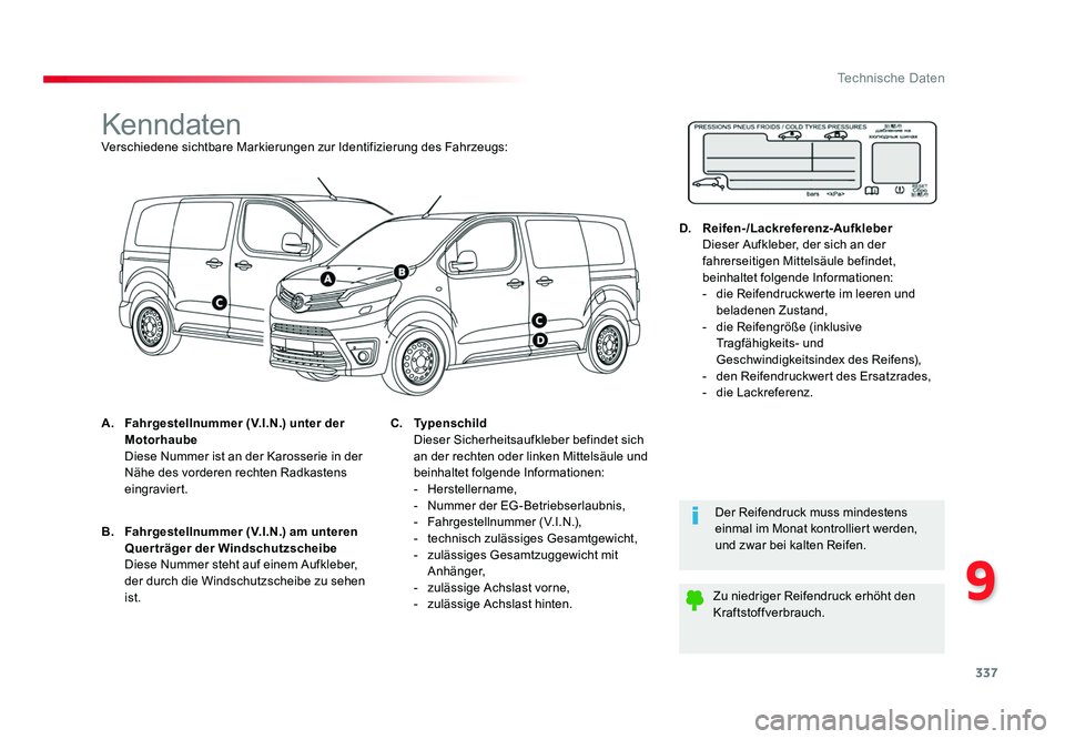 TOYOTA PROACE 2016  Betriebsanleitungen (in German) 337
9
Technische Daten
Jumpy _de_Chap09_caracteristiques-techniques_ed01-2016
KenndatenVerschiedene sichtbare Markierungen zur Identifizierung des Fahrzeugs:
A. Fahrgestellnummer (V.I.N.) unter der 
M