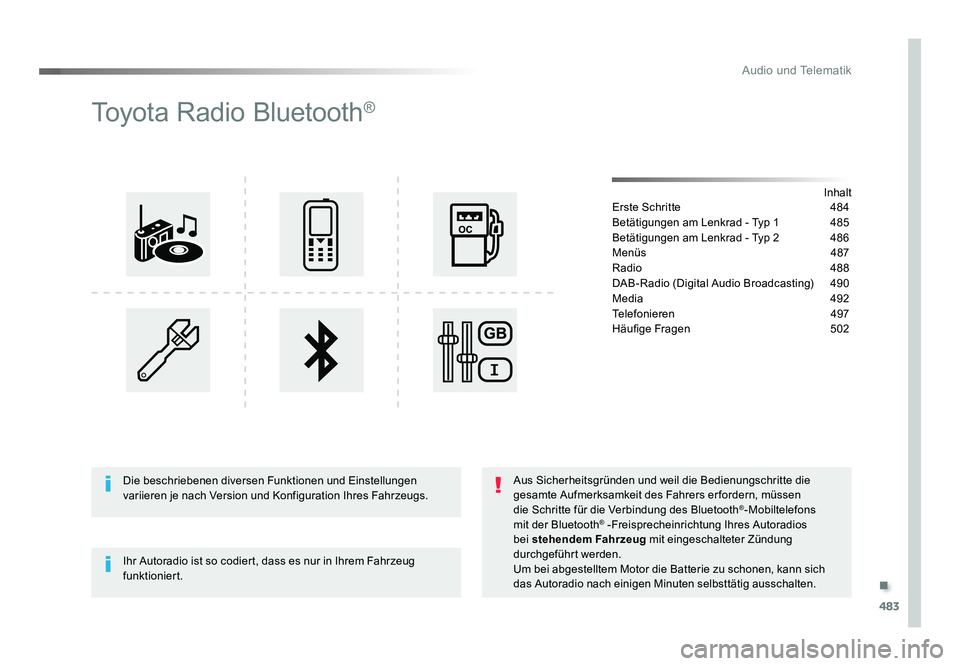 TOYOTA PROACE 2016 Betriebsanleitungen (in German) .
483
Audio und Telematik
Jumpy_de_Chap10d_RD6_ed01-2016
Toyota Radio Bluetooth®
Inhalt
Erste Schritte 484
Betätigungen am Lenkrad - Typ 1 485
Betätigungen am Lenkrad - Typ 2 486
Menüs 487
Ra TOYOTA PROACE 2016 Betriebsanleitungen (in German) .
483
Audio und Telematik
Jumpy_de_Chap10d_RD6_ed01-2016
Toyota Radio Bluetooth®
Inhalt
Erste Schritte 484
Betätigungen am Lenkrad - Typ 1 485
Betätigungen am Lenkrad - Typ 2 486
Menüs 487
Ra