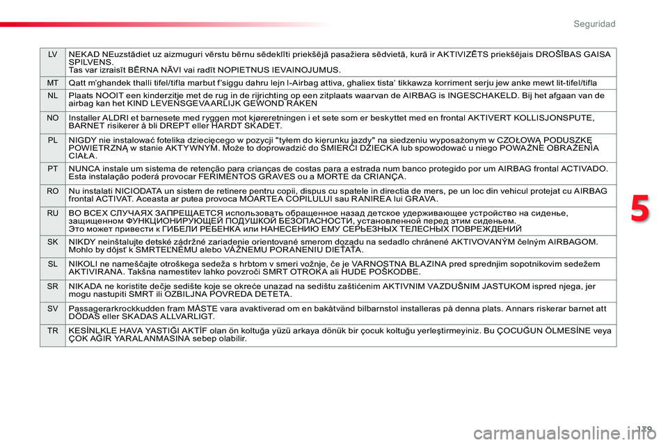 TOYOTA PROACE 2018 Manual del propietario (in Spanish) 179
LVNEK AD NEuzstādiet uz aizmuguri vērstu bērnu sēdeklīti priekšējā pasažiera sēdvietā, kurā ir AKTIVIZĒTS priekšējais DROŠĪBAS GAISA S P I LV E N S .Tas var izraisīt BĒRNA NĀVI TOYOTA PROACE 2018 Manual del propietario (in Spanish) 179
LVNEK AD NEuzstādiet uz aizmuguri vērstu bērnu sēdeklīti priekšējā pasažiera sēdvietā, kurā ir AKTIVIZĒTS priekšējais DROŠĪBAS GAISA S P I LV E N S .Tas var izraisīt BĒRNA NĀVI