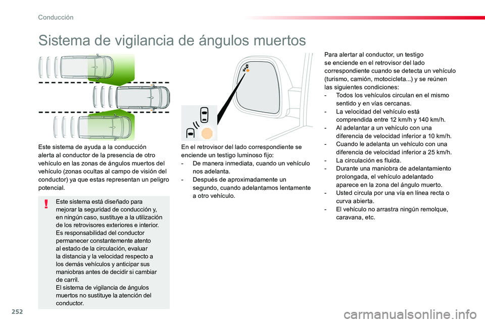 TOYOTA PROACE 2018  Manual del propietario (in Spanish) 252
Sistema de vigilancia de ángulos muertos
En el retrovisor del lado correspondiente se enciende un testigo luminoso fijo:- De manera inmediata, cuando un vehículo nos adelanta.- Después de aprox