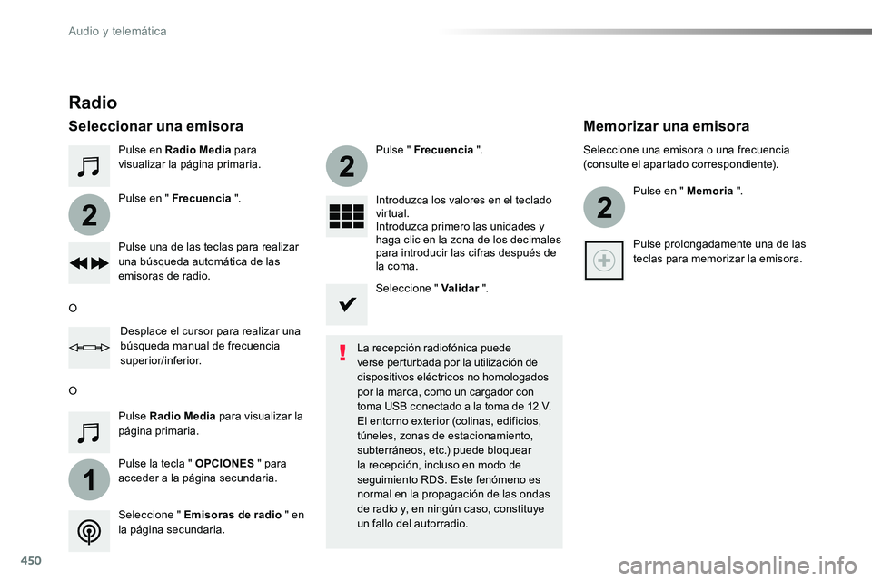TOYOTA PROACE 2018  Manual del propietario (in Spanish) 450
1
2
2
2
Pulse en Radio Media para visualizar la página primaria.
Pulse la tecla " OPCIONES " para acceder a la página secundaria.
Pulse en " Frecuencia ".
Pulse " Frecuencia 