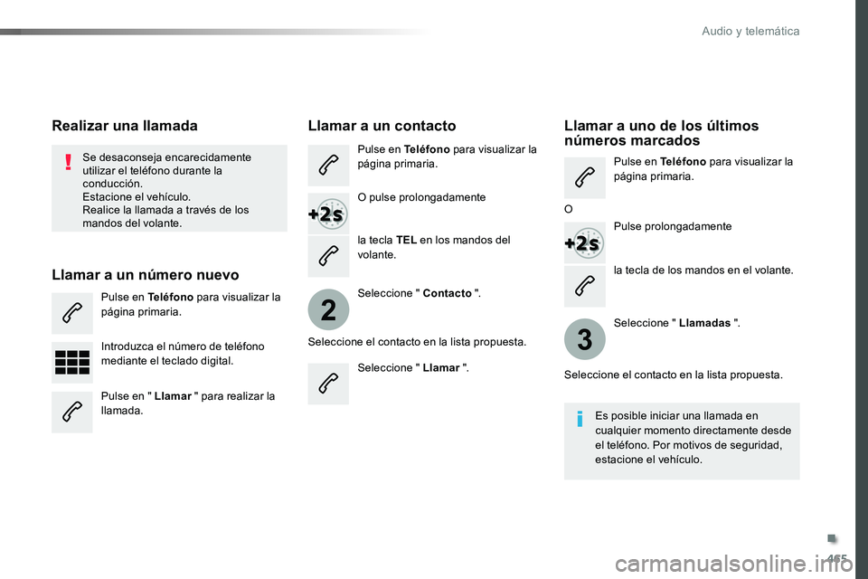 TOYOTA PROACE 2018  Manual del propietario (in Spanish) 465
2
3
la tecla de los mandos en el volante.
Se desaconseja encarecidamente utilizar el teléfono durante la conducción.Estacione el vehículo.Realice la llamada a través de los mandos del volante.