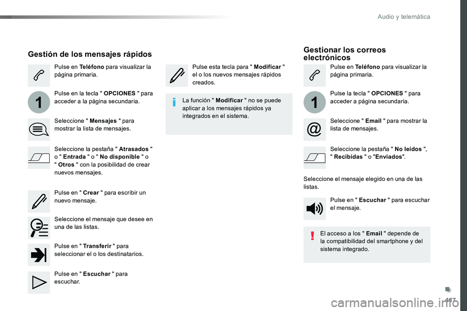 TOYOTA PROACE 2018  Manual del propietario (in Spanish) 467
11
Gestionar los correos electrónicos
Pulse esta tecla para " Modificar "  el o los nuevos mensajes rápidos creados.
Pulse en Teléfono para visualizar la página primaria.
Pulse la tecl