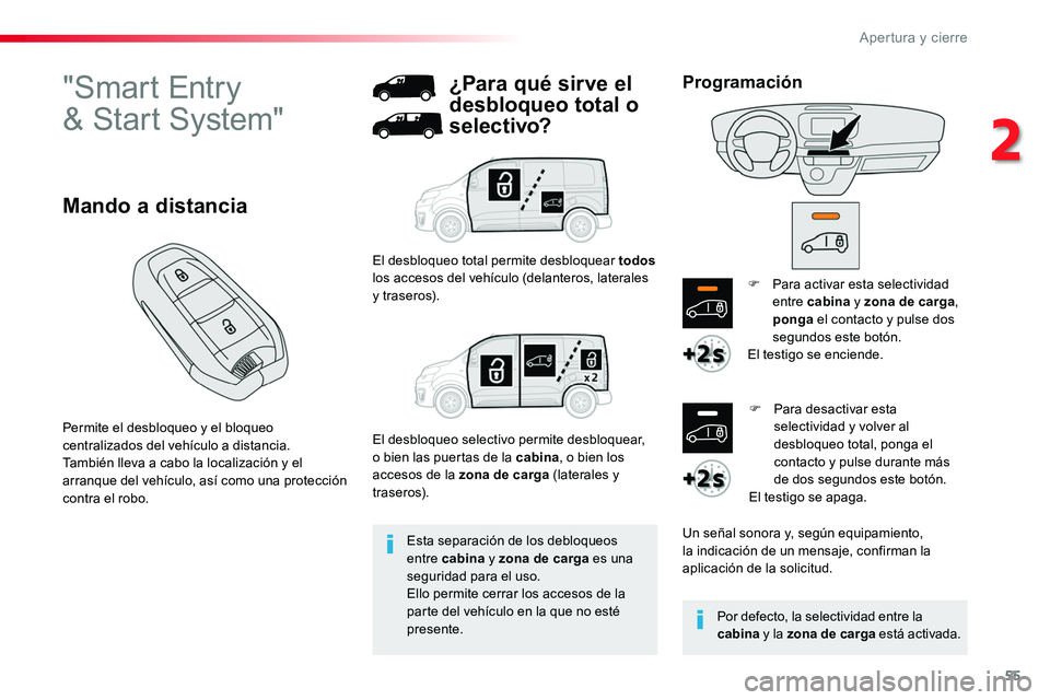 TOYOTA PROACE 2018 Manual del propietario (in Spanish) 55
"Smart Entry
& Start System"
Permite el desbloqueo y el bloqueo centralizados del vehículo a distancia.También lleva a cabo la localización y el
arranque del vehículo, así como una TOYOTA PROACE 2018 Manual del propietario (in Spanish) 55
"Smart Entry
& Start System"
Permite el desbloqueo y el bloqueo centralizados del vehículo a distancia.También lleva a cabo la localización y el
arranque del vehículo, así como una