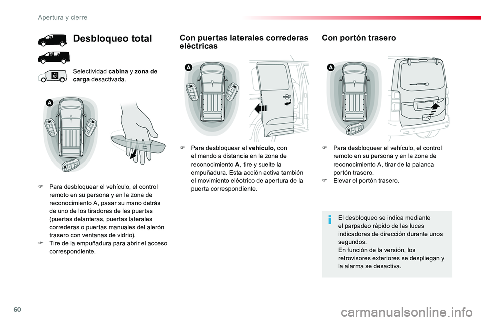 TOYOTA PROACE 2018 Manual del propietario (in Spanish) 60
Selectividad cabina y zona de carga desactivada.
El desbloqueo se indica mediante el parpadeo rápido de las luces indicadoras de dirección durante unos segundos.En función de la versión, los re TOYOTA PROACE 2018 Manual del propietario (in Spanish) 60
Selectividad cabina y zona de carga desactivada.
El desbloqueo se indica mediante el parpadeo rápido de las luces indicadoras de dirección durante unos segundos.En función de la versión, los re