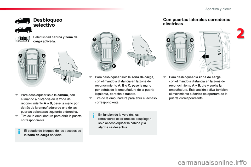 TOYOTA PROACE 2018 Manual del propietario (in Spanish) 61
En función de la versión, los retrovisores exteriores se despliegan solo al desbloquear la cabina y la alarma se desactiva.
Selectividad cabina y zona de carga activada.
Desbloqueo
selectivo
F P TOYOTA PROACE 2018 Manual del propietario (in Spanish) 61
En función de la versión, los retrovisores exteriores se despliegan solo al desbloquear la cabina y la alarma se desactiva.
Selectividad cabina y zona de carga activada.
Desbloqueo
selectivo
F P