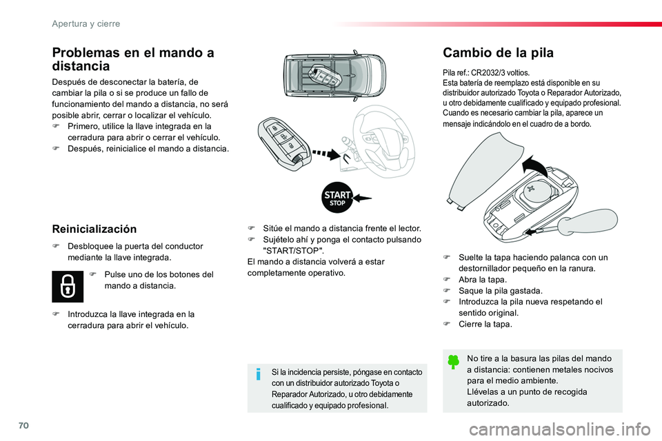 TOYOTA PROACE 2018 Manual del propietario (in Spanish) 70
Cambio de la pila
Pila ref.: CR2032/3 voltios.Esta batería de reemplazo está disponible en su distribuidor autorizado Toyota o Reparador Autorizado, u otro debidamente cualificado y equipado prof TOYOTA PROACE 2018 Manual del propietario (in Spanish) 70
Cambio de la pila
Pila ref.: CR2032/3 voltios.Esta batería de reemplazo está disponible en su distribuidor autorizado Toyota o Reparador Autorizado, u otro debidamente cualificado y equipado prof