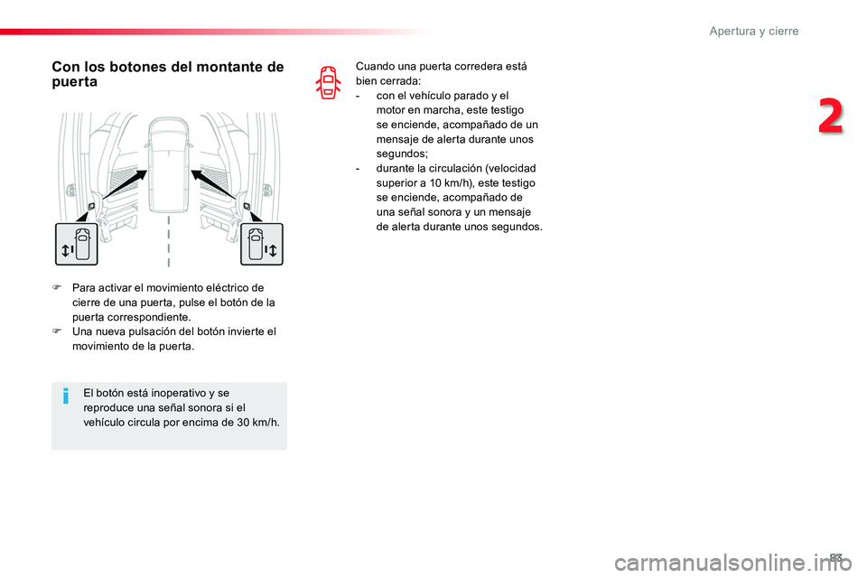 TOYOTA PROACE 2018 Manual del propietario (in Spanish) 83
F Para activar el movimiento eléctrico de cierre de una puerta, pulse el botón de la puerta correspondiente.F Una nueva pulsación del botón invierte el movimiento de la puerta.
Con los botones TOYOTA PROACE 2018 Manual del propietario (in Spanish) 83
F Para activar el movimiento eléctrico de cierre de una puerta, pulse el botón de la puerta correspondiente.F Una nueva pulsación del botón invierte el movimiento de la puerta.
Con los botones