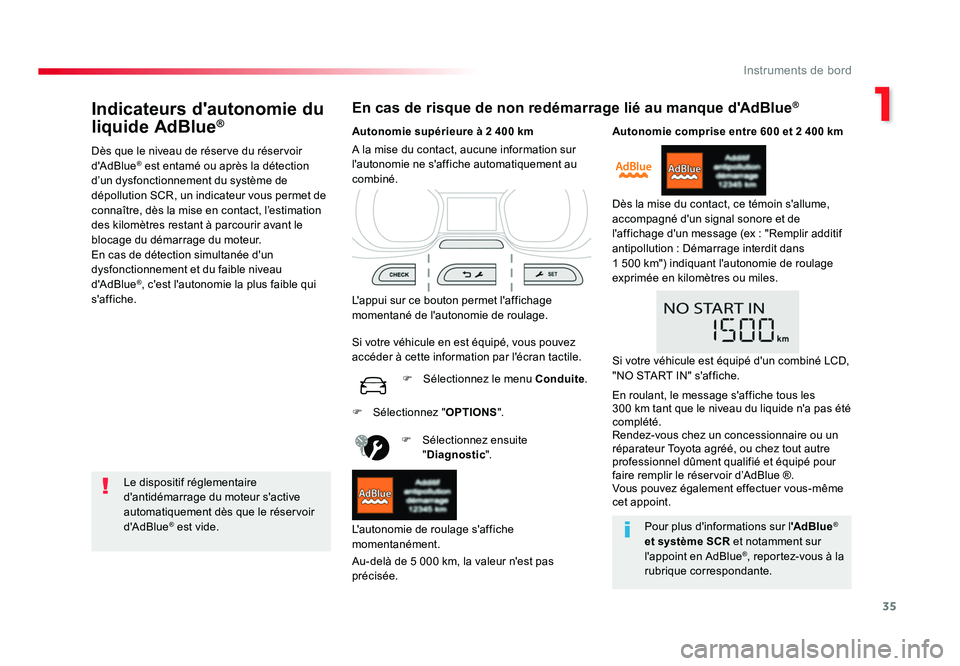 TOYOTA PROACE 2018  Manuel du propriétaire (in French) 35
1
Instruments de bord
Indicateurs d'autonomie du 
liquide AdBlue®
Dès que le niveau de réserve du réservoir 
d'AdBlue® est entamé ou après la détection 
d’un dysfonctionnement du 