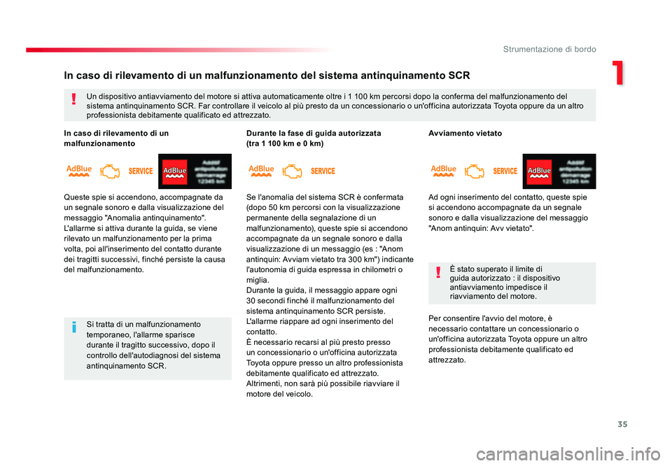 TOYOTA PROACE 2018  Manuale duso (in Italian) 35
1
Strumentazione di bordo
Spacetourer-VP_it_Chap01_instruments-de-bord_ed01-2016
Avviamento vietato
Ad ogni inserimento del contatto, queste spie 
si accendono accompagnate da un segnale 
sonoro e 