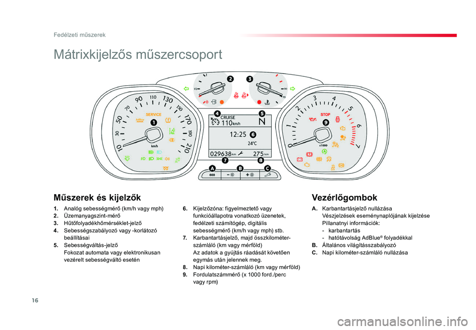 TOYOTA PROACE 2018 Kezelési útmutató (in Hungarian) 16
Proace_hu_Chap01_instruments-de-bord_ed01-2016
Mátrixkijelzős műszercsoport
1. Analóg sebességmérő (km/h vagy mph)2. Üzemanyagszint-mérő3. Hűtőfolyadékhőmérséklet-jelző4. Sebesség TOYOTA PROACE 2018 Kezelési útmutató (in Hungarian) 16
Proace_hu_Chap01_instruments-de-bord_ed01-2016
Mátrixkijelzős műszercsoport
1. Analóg sebességmérő (km/h vagy mph)2. Üzemanyagszint-mérő3. Hűtőfolyadékhőmérséklet-jelző4. Sebesség