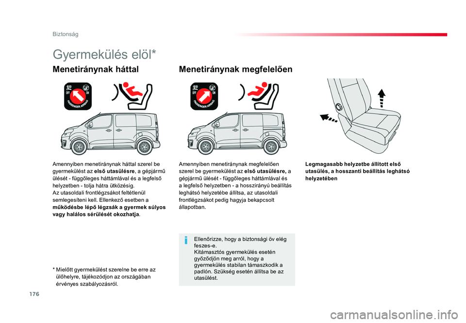 TOYOTA PROACE 2017 Kezelési útmutató (in Hungarian) 176
Proace_hu_Chap05_securite_ed01-2016
Legmagasabb helyzetbe állított első utasülés, a hosszanti beállítás leghátsó
helyzetében
Menetiránynak háttal
Gyermekülés elöl*
Menetiránynak TOYOTA PROACE 2017 Kezelési útmutató (in Hungarian) 176
Proace_hu_Chap05_securite_ed01-2016
Legmagasabb helyzetbe állított első utasülés, a hosszanti beállítás leghátsó
helyzetében
Menetiránynak háttal
Gyermekülés elöl*
Menetiránynak