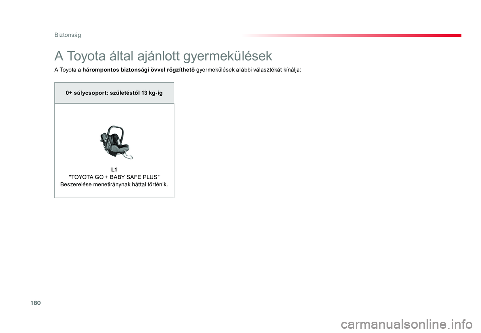 TOYOTA PROACE 2017 Kezelési útmutató (in Hungarian) 180
Proace_hu_Chap05_securite_ed01-2016
A Toyota által ajánlott gyermekülések
A Toyota a hárompontos biztonsági övvel rögzíthető gyermekülések alábbi választékát kínálja:
0+ súlycso TOYOTA PROACE 2017 Kezelési útmutató (in Hungarian) 180
Proace_hu_Chap05_securite_ed01-2016
A Toyota által ajánlott gyermekülések
A Toyota a hárompontos biztonsági övvel rögzíthető gyermekülések alábbi választékát kínálja:
0+ súlycso
