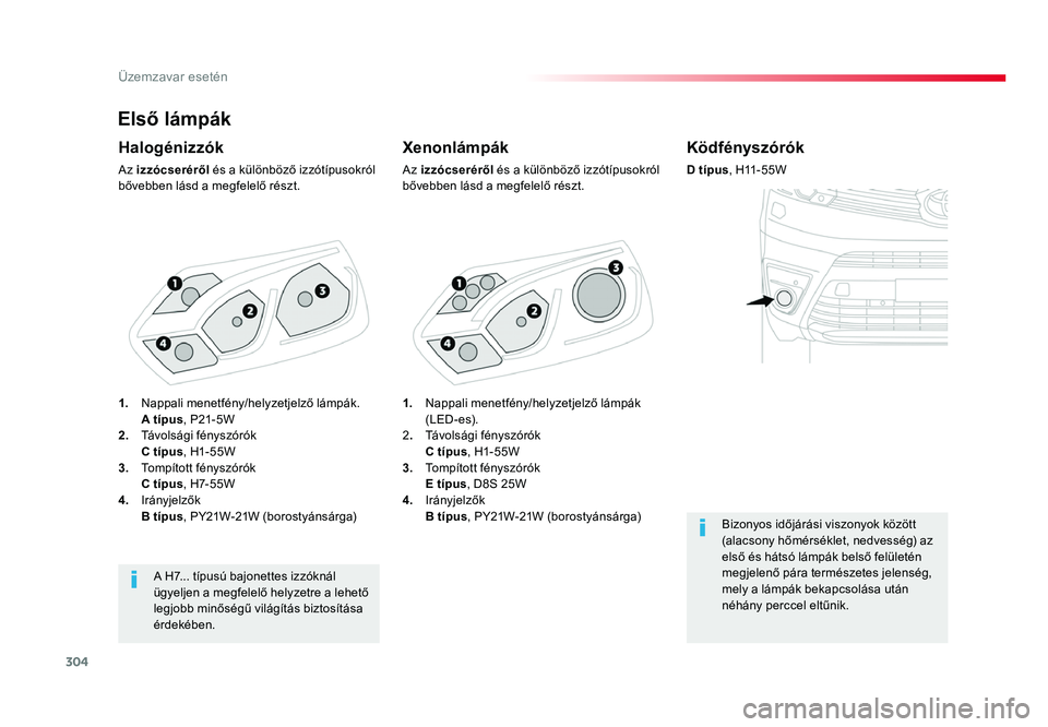 TOYOTA PROACE 2017 Kezelési útmutató (in Hungarian) 304
Proace_hu_Chap08_En-cas-de-panne_ed01-2016
Első lámpák
Xenonlámpák
Az izzócserérÅ‘l és a különbözÅ‘ izzótÃpusokról
bővebben lásd a megfelelő részt.
Halogénizzók
Az izzócseré TOYOTA PROACE 2017 Kezelési útmutató (in Hungarian) 304
Proace_hu_Chap08_En-cas-de-panne_ed01-2016
Első lámpák
Xenonlámpák
Az izzócserérÅ‘l és a különbözÅ‘ izzótÃpusokról
bővebben lásd a megfelelő részt.
Halogénizzók
Az izzócseré