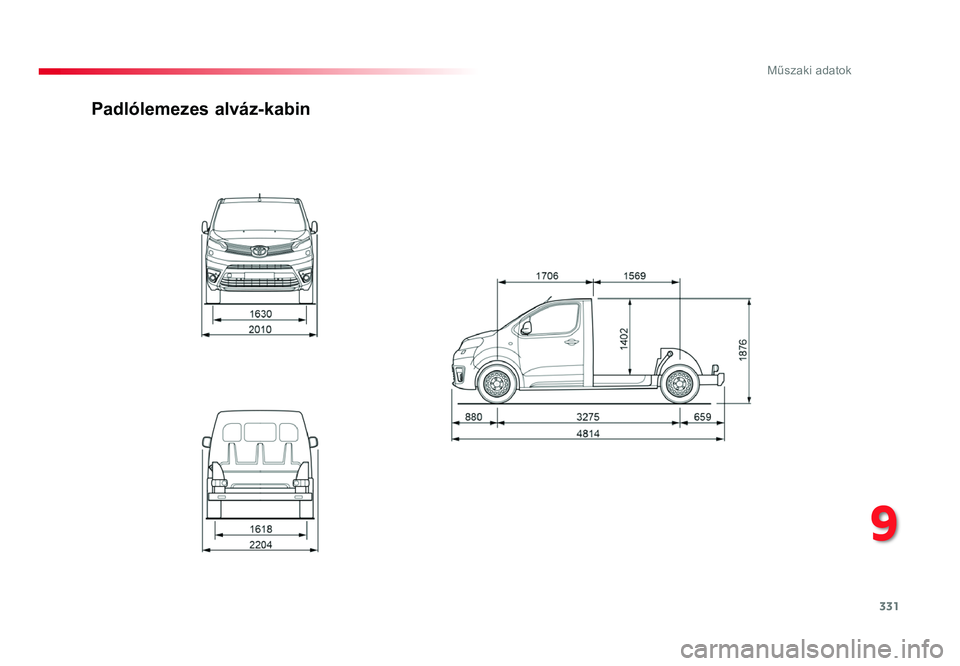 TOYOTA PROACE 2017 Kezelési útmutató (in Hungarian) 331
9
Műszaki adatok
Proace_hu_Chap09_caracteristiques-techniques_ed01-2016
Padlólemezes alváz-kabin
Proace_hu_Chap09_caracteristiques-techniques_ed01-2016.indd 33106/07/2016 08:36 TOYOTA PROACE 2017 Kezelési útmutató (in Hungarian) 331
9
Műszaki adatok
Proace_hu_Chap09_caracteristiques-techniques_ed01-2016
Padlólemezes alváz-kabin
Proace_hu_Chap09_caracteristiques-techniques_ed01-2016.indd 33106/07/2016 08:36