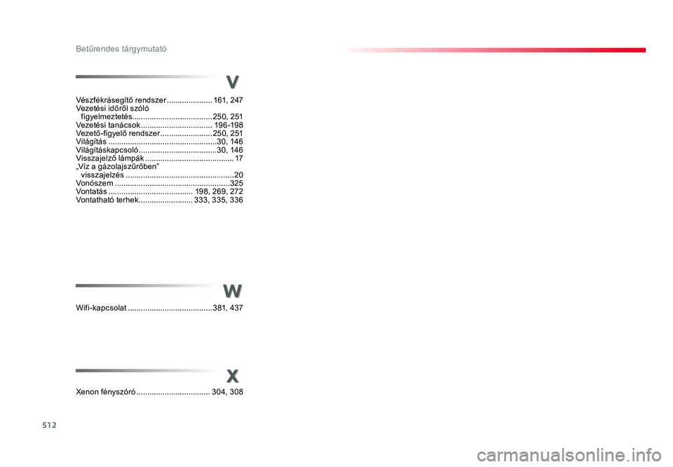 TOYOTA PROACE 2016 Kezelési útmutató (in Hungarian) 512
Proace_hu_Chap11_index-alpha_ed01-2016
W
X
Vészfékrásegítő rendszer .....................161, 247
Vezetési időről szóló figyelmeztetés ..................................... 250, 251
V TOYOTA PROACE 2016 Kezelési útmutató (in Hungarian) 512
Proace_hu_Chap11_index-alpha_ed01-2016
W
X
Vészfékrásegítő rendszer .....................161, 247
Vezetési időről szóló figyelmeztetés ..................................... 250, 251
V