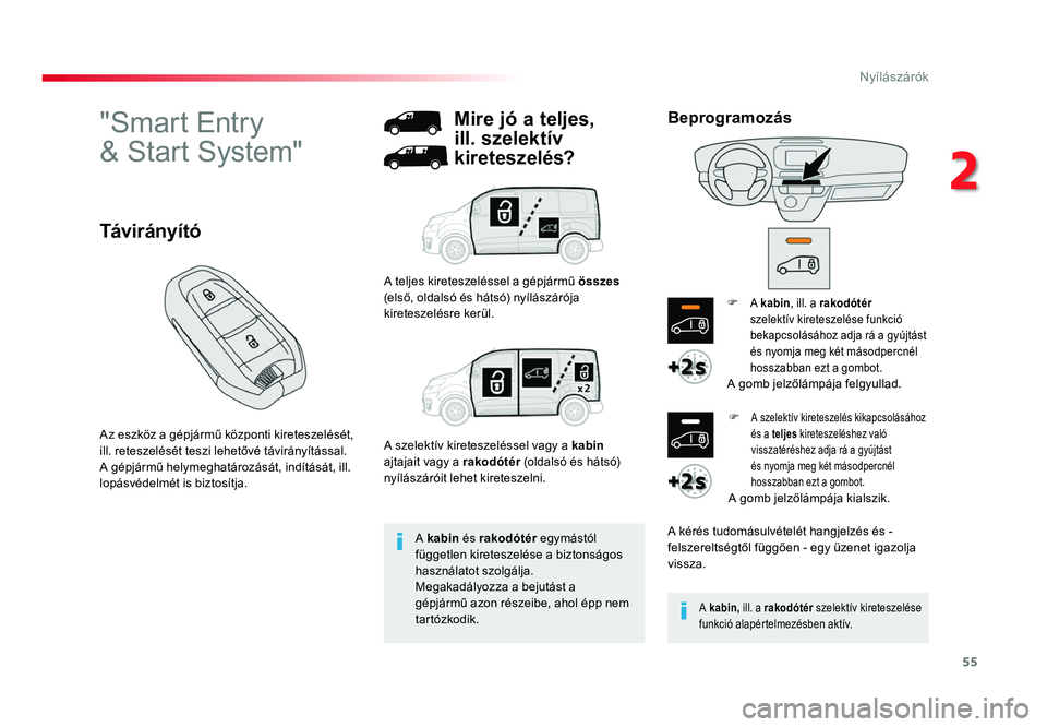 TOYOTA PROACE 2018 Kezelési útmutató (in Hungarian) 55
Proace_hu_Chap02_ouvertures_ed01-2016
"Smart Entry
& Start System"
Az eszköz a gépjármű központi kireteszelését,
ill. reteszelését teszi lehetővé távirányítással.
A gépj TOYOTA PROACE 2018 Kezelési útmutató (in Hungarian) 55
Proace_hu_Chap02_ouvertures_ed01-2016
"Smart Entry
& Start System"
Az eszköz a gépjármű központi kireteszelését,
ill. reteszelését teszi lehetővé távirányítással.
A gépj