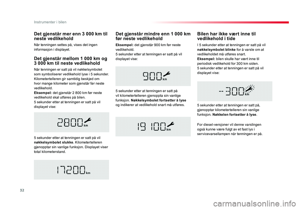 TOYOTA PROACE 2016 Instruksjoner for bruk (in Norwegian) 32
Proace_no_Chap01_instruments-de-bord_ed01-2016
Det gjenstår mellom 1 000 km og 3 000 km til neste vedlikehold
Når tenningen er satt på vil nøkkelsymbolet
som symboliserer vedlikehold lyse i 5 TOYOTA PROACE 2016 Instruksjoner for bruk (in Norwegian) 32
Proace_no_Chap01_instruments-de-bord_ed01-2016
Det gjenstår mellom 1 000 km og 3 000 km til neste vedlikehold
Når tenningen er satt på vil nøkkelsymbolet
som symboliserer vedlikehold lyse i 5